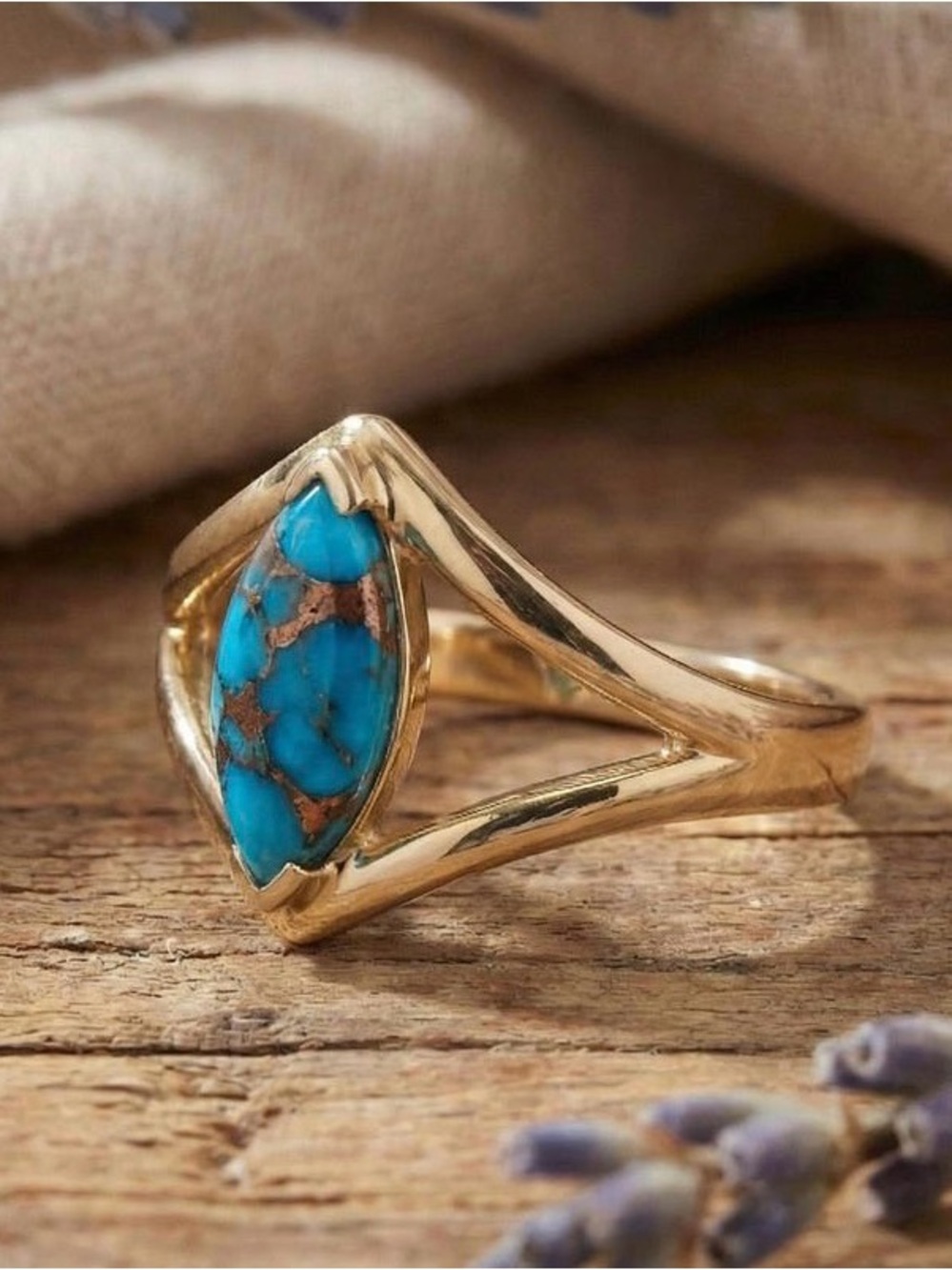 14K gold plated hypoallergenic brass. Copper & Turquoise Marquise Ring size 6.25